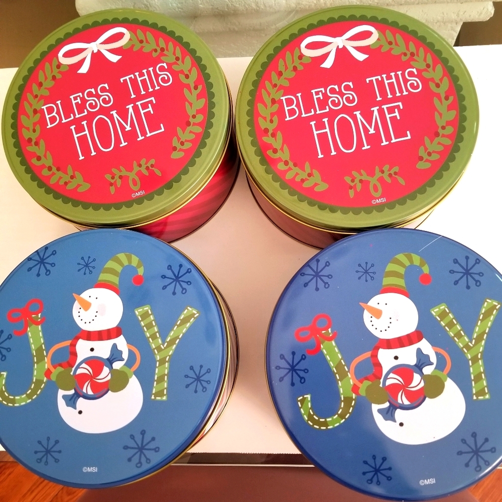 Round Holiday Medium Size Tins  with Lids Lot of 4